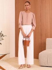 Love & Roses Pink Satin Pintuck Crew Neck Button Detail Long Sleeve Blouse - Image 4 of 4