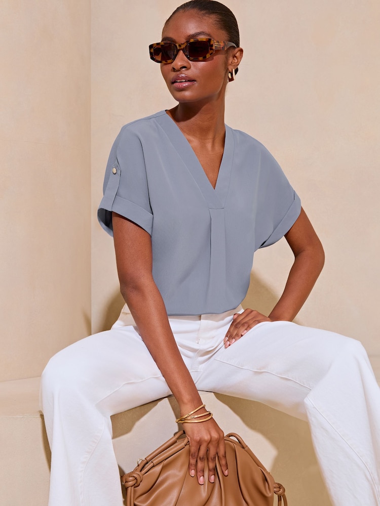 Lipsy Blue Utility V Neck Short Roll Sleeve Top - Image 1 of 4 Lipsy Blue Utility V Neck Short Roll Sleeve Top - Image 1 of 4