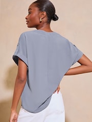 Lipsy Blue Utility V Neck Short Roll Sleeve Top - Image 2 of 4
