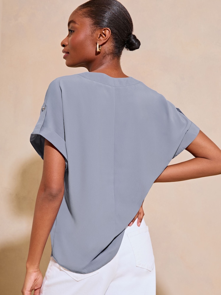 Lipsy Blue Utility V Neck Short Roll Sleeve Top - Image 2 of 4 Lipsy Blue Utility V Neck Short Roll Sleeve Top - Image 2 of 4