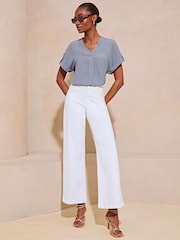 Lipsy Blue Utility V Neck Short Roll Sleeve Top - Image 3 of 4