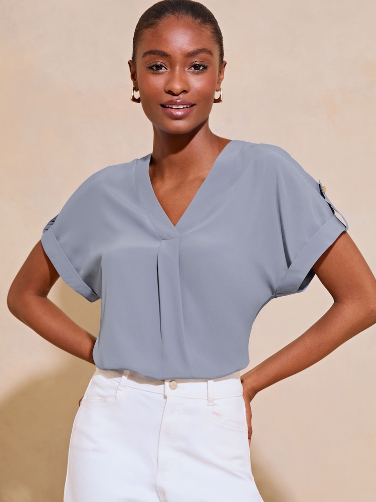 Lipsy Blue Utility V Neck Short Roll Sleeve Top - Image 4 of 4 Lipsy Blue Utility V Neck Short Roll Sleeve Top - Image 4 of 4