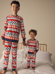 Red/Navy Blue Matching Family Kids Christmas Ho Ho Ho Fairisle Pattern 100% Cotton Pyjamas (9mths-16yrs) - Image 1 of 13