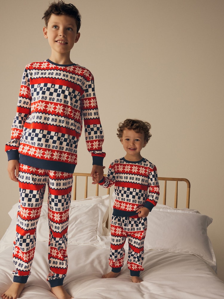 Red/Navy Blue Matching Family Kids Christmas Ho Ho Ho Fairisle Pattern 100% Cotton Pyjamas (9mths-16yrs) - Image 1 of 13