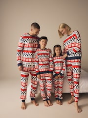 Red/Navy Blue Matching Family Kids Christmas Ho Ho Ho Fairisle Pattern 100% Cotton Pyjamas (9mths-16yrs) - Image 2 of 13