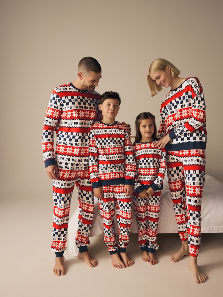 Red/Navy Blue Matching Family Kids Christmas Ho Ho Ho Fairisle Pattern 100% Cotton Pyjamas (9mths-16yrs) - Image 2 of 13