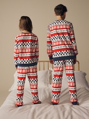 Red/Navy Blue Matching Family Kids Christmas Ho Ho Ho Fairisle Pattern 100% Cotton Pyjamas (9mths-16yrs) - Image 3 of 13