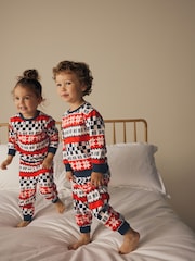 Red/Navy Blue Matching Family Kids Christmas Ho Ho Ho Fairisle Pattern 100% Cotton Pyjamas (9mths-16yrs) - Image 4 of 13