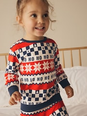Red/Navy Blue Matching Family Kids Christmas Ho Ho Ho Fairisle Pattern 100% Cotton Pyjamas (9mths-16yrs) - Image 6 of 13