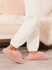 Lipsy Pink Cross Strap Super Soft Faux Fur Nightwear Slippers - Image 2 of 4