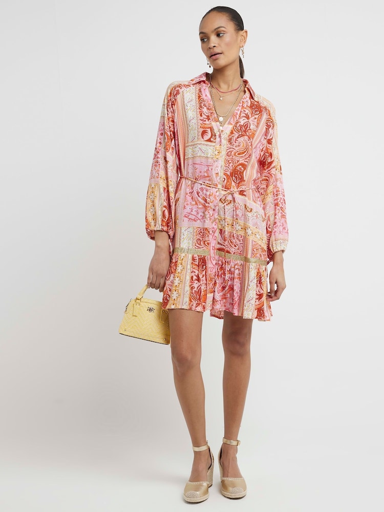 River Island Pink Coral Paisley Shirt Dress - Image 1 of 5