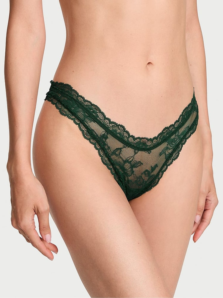 Victoria's Secret Velvet Pine Green Thong Rose Lace Knickers - Image 1 of 2