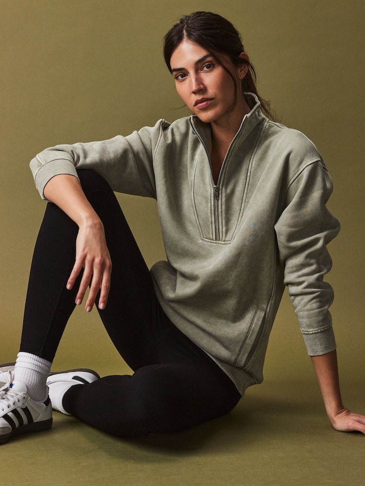 Sage Green Relaxed Fit Washed Longline Zip Neck Sweatshirt - Image 1 of 8