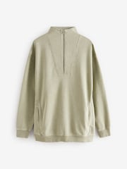 Sage Green Relaxed Fit Washed Longline Zip Neck Sweatshirt - Image 3 of 8