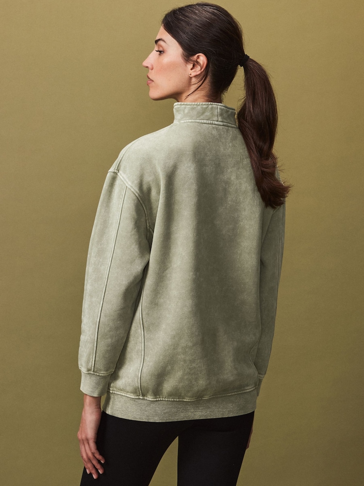 Sage Green Relaxed Fit Washed Longline Zip Neck Sweatshirt - Image 8 of 8