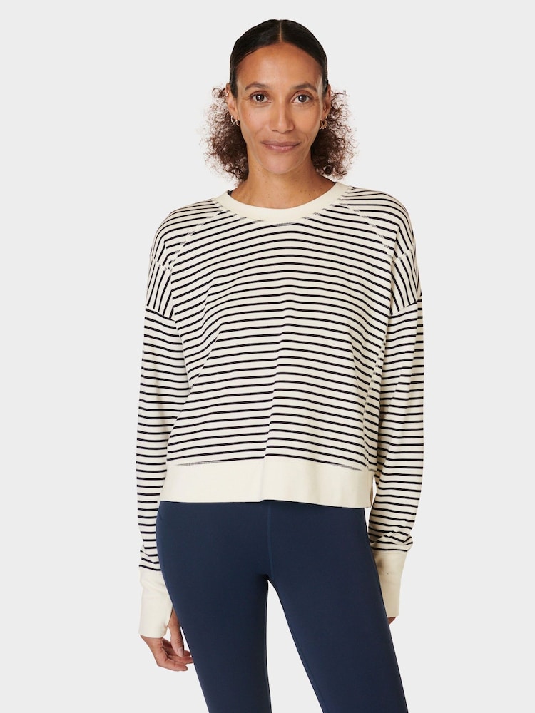 Sweaty Betty Lily White Stripe After Class Crop Sweatshirt - Image 1 of 8