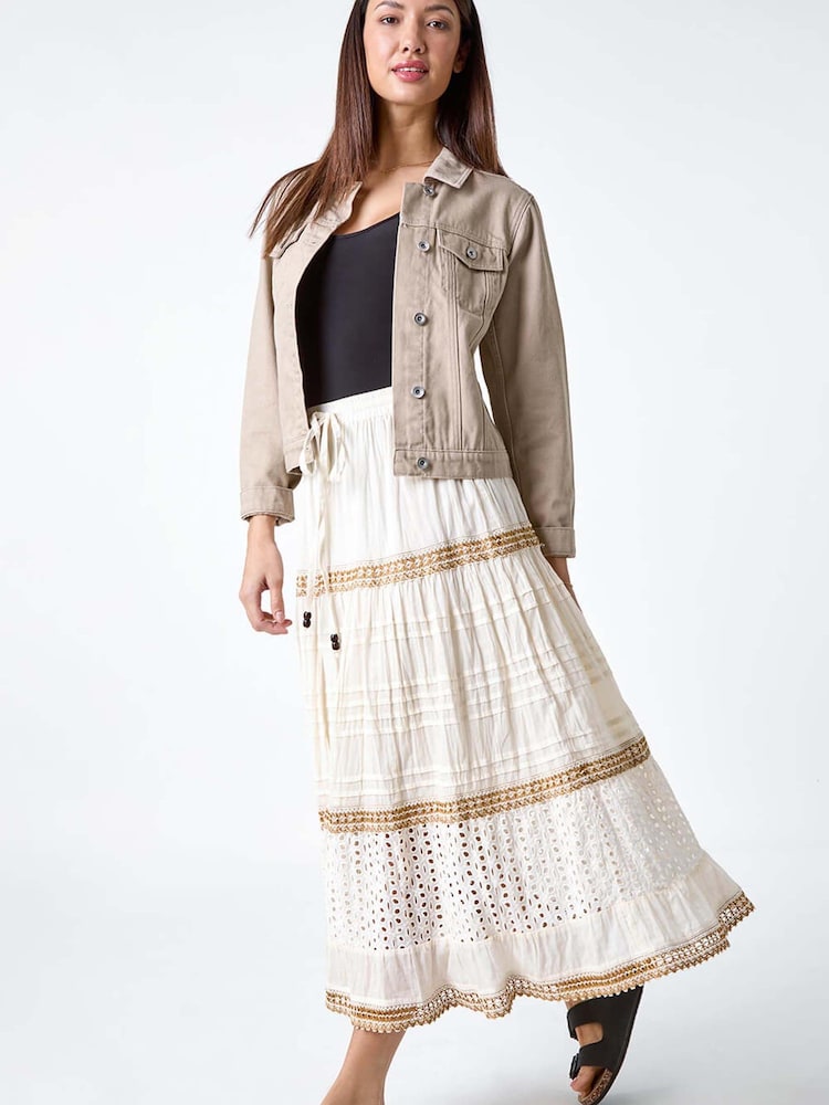 Roman White Broderie 100% Cotton Tiered Maxi Skirt - Image 2 of 5