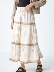 Roman White Broderie 100% Cotton Tiered Maxi Skirt - Image 4 of 5