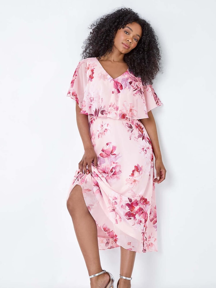 Roman Pink Floral Cape Style Midi Dress - Image 1 of 5