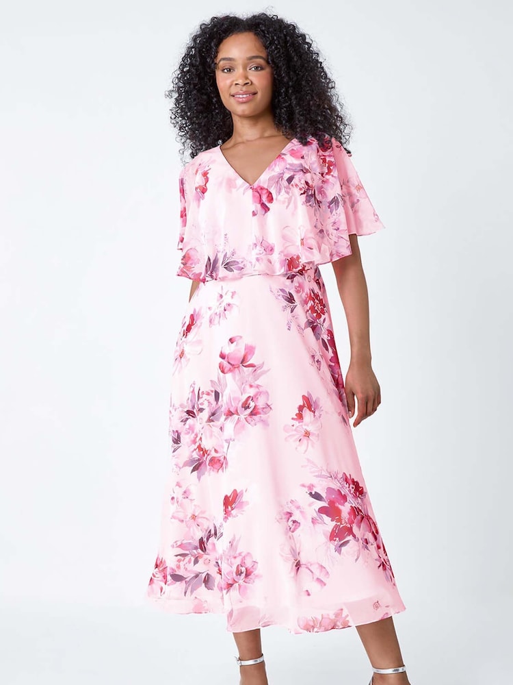 Roman Pink Floral Cape Style Midi Dress - Image 2 of 5
