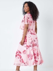 Roman Pink Floral Cape Style Midi Dress - Image 3 of 5