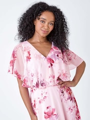 Roman Pink Floral Cape Style Midi Dress - Image 4 of 5
