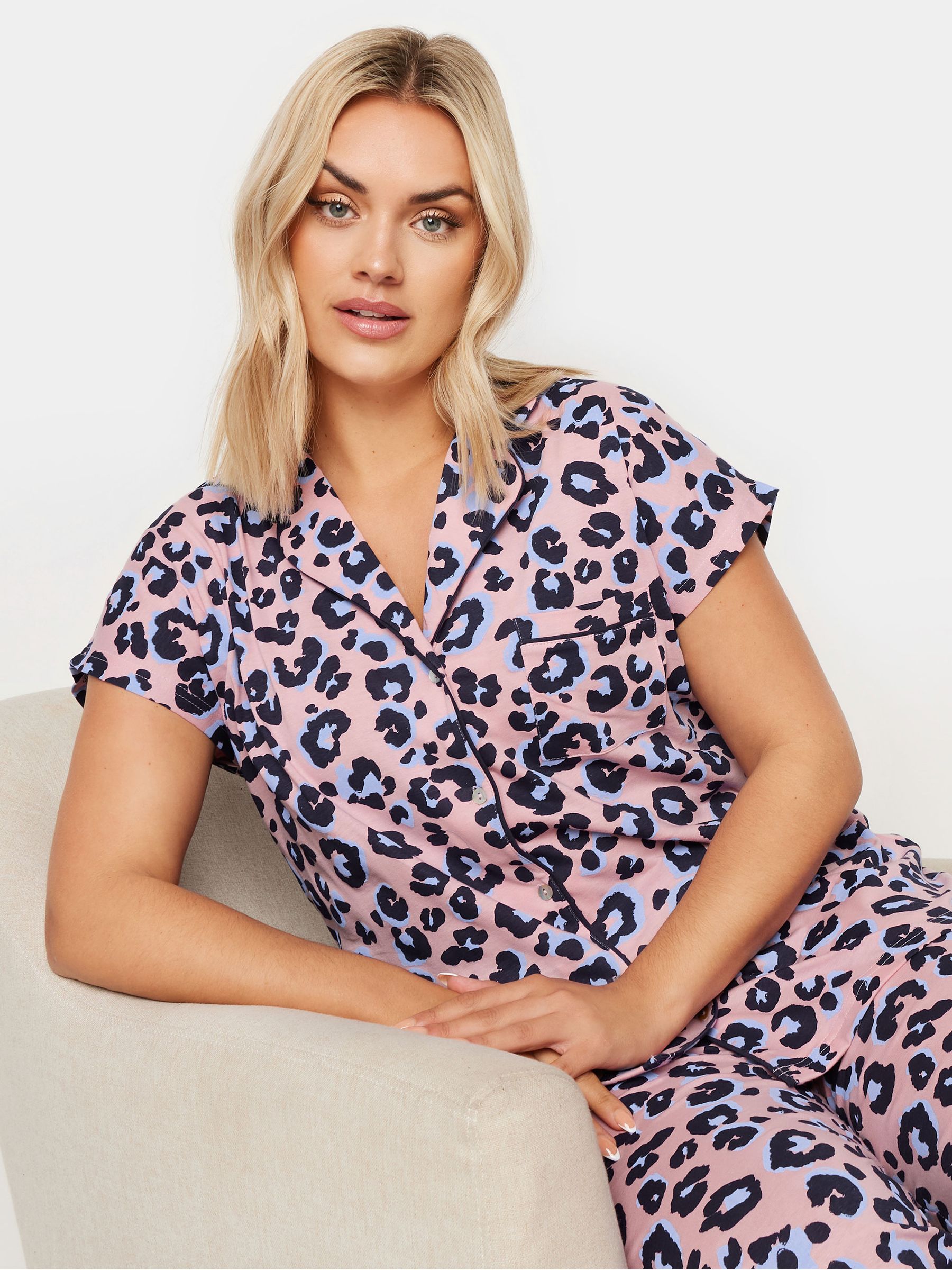 Buy Yours Curve Pink Leopard Print 100% Cotton Button Through Pyjamas ...
