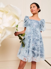 Lipsy Blue Sequin Floral Puff Sleeve Occasion Dress (5-16yrs) - Image 1 of 4