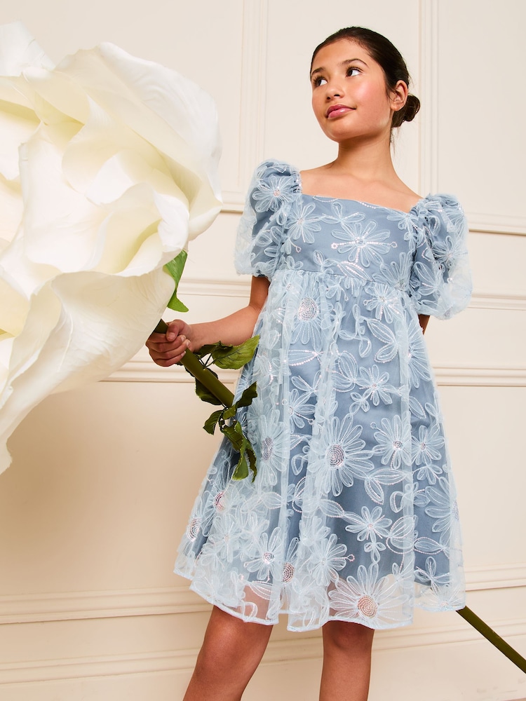 Lipsy Blue Sequin Floral Puff Sleeve Occasion Dress (5-16yrs) - Image 1 of 4