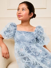 Lipsy Blue Sequin Floral Puff Sleeve Occasion Dress (5-16yrs) - Image 2 of 4
