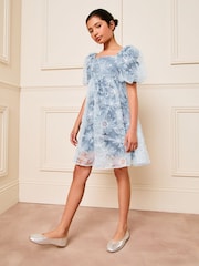 Lipsy Blue Sequin Floral Puff Sleeve Occasion Dress (5-16yrs) - Image 3 of 4