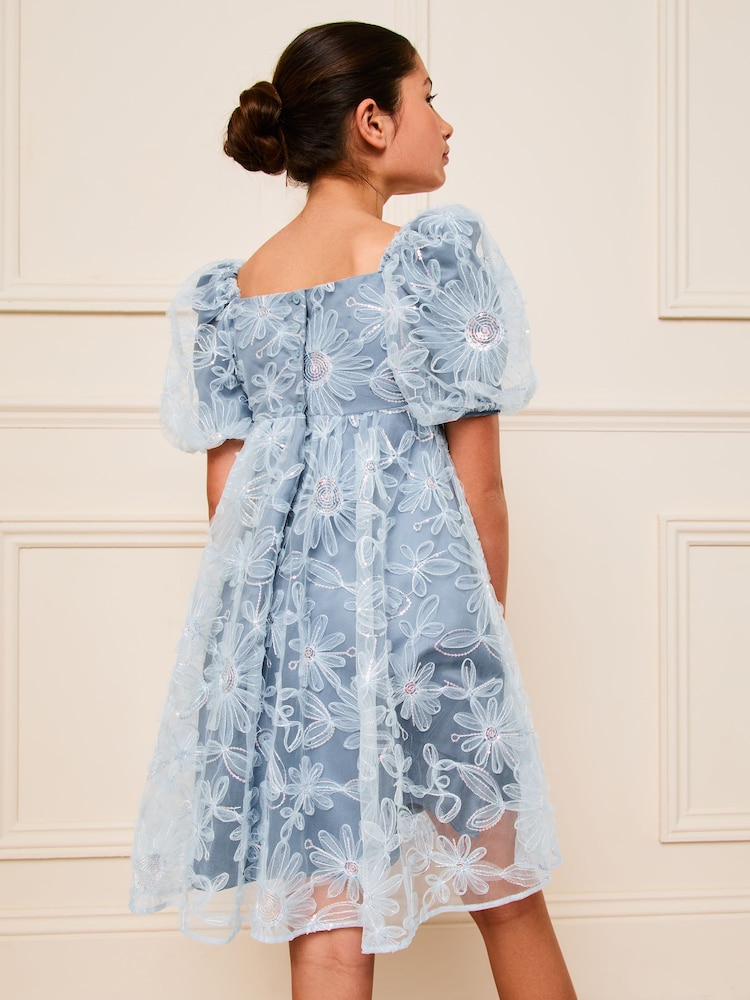 Lipsy Blue Sequin Floral Puff Sleeve Occasion Dress (5-16yrs) - Image 4 of 4
