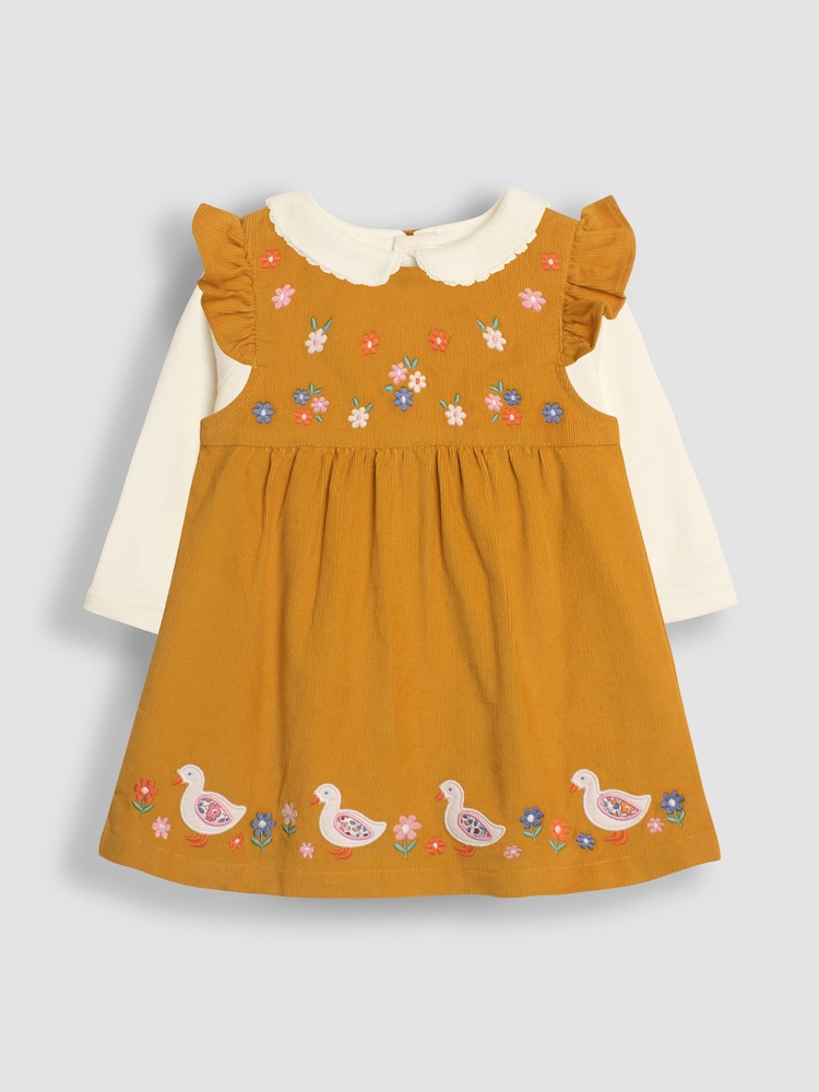 JoJo Maman Bébé Mustard Yellow Duck Cord Embroidered Baby Dress & Body Set - Image 1 of 6