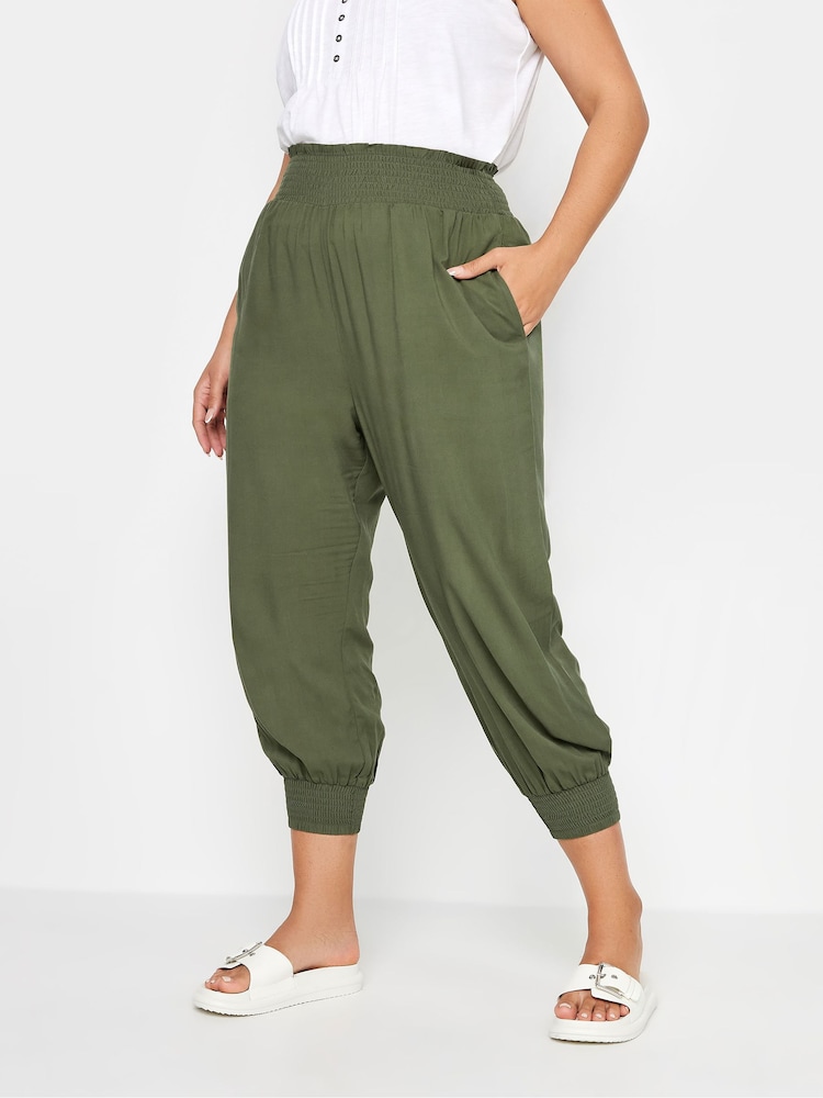 Yours Curve Khaki Green Shirred Harem Trousers - Image 1 of 5