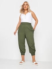 Yours Curve Khaki Green Shirred Harem Trousers - Image 2 of 5