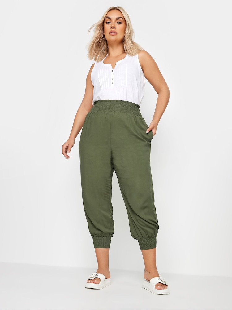 Yours Curve Khaki Green Shirred Harem Trousers - Image 2 of 5