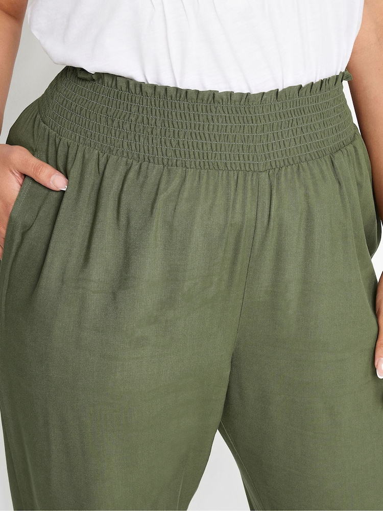 Yours Curve Khaki Green Shirred Harem Trousers - Image 4 of 5