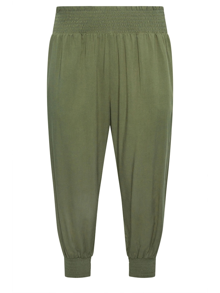 Yours Curve Khaki Green Shirred Harem Trousers - Image 5 of 5