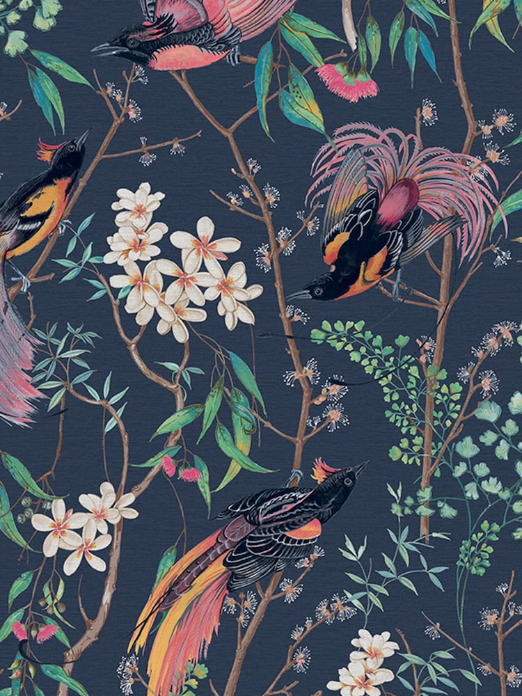 Graham & Brown Blue Clavering Birds Night Wallpaper Sample - Image 2 of 3