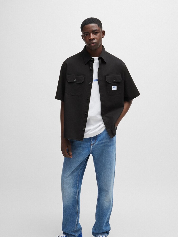 HUGO Blue Loose Fit 100% Cotton Twill Logo Patch Shirt - Image 2 of 6 HUGO Blue Loose Fit 100% Cotton Twill Logo Patch Shirt - Image 2 of 6