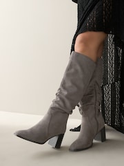 Grey Forever Comfort® Knee High Slouch Block Heeled Boots - Image 1 of 7