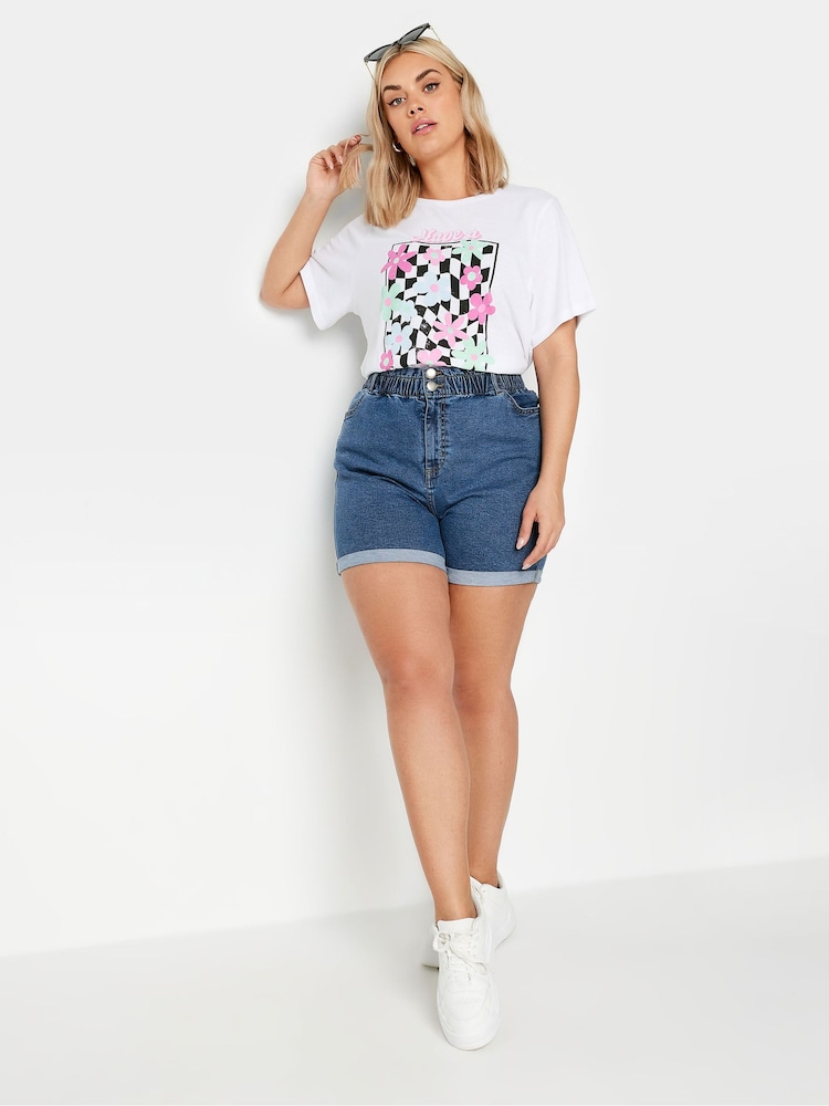Yours Curve Blue Denim Elastic Waist Shorts - Image 2 of 5
