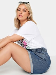 Yours Curve Blue Denim Elastic Waist Shorts - Image 4 of 5