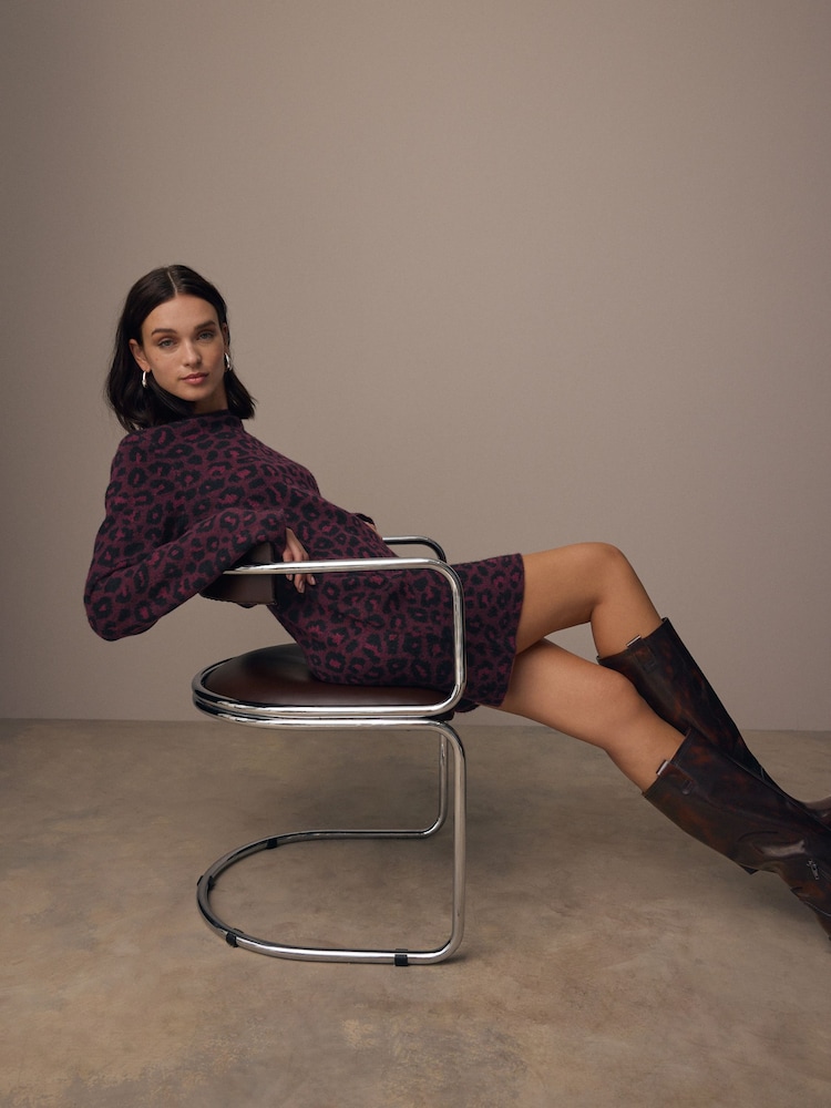 Punainen marja - Leopard Eläninkuosi Pitkä hiha Lyhyt lahje Knitted Shift Neulepusero Mekko - Kuva 1 / 6