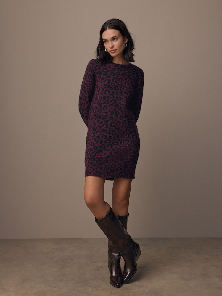 Punainen marja - Leopard Eläninkuosi Pitkä hiha Lyhyt lahje Knitted Shift Neulepusero Mekko - Kuva 2 / 6