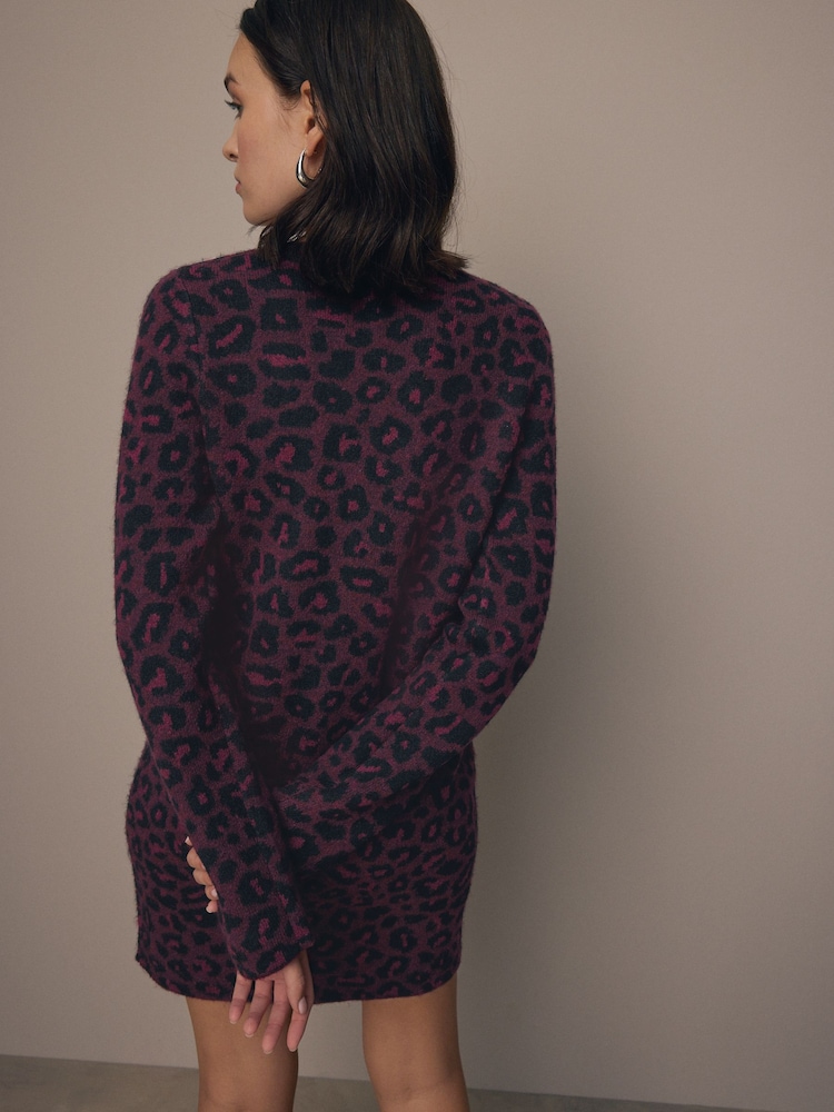 Buy Red Berry Leopard Animal Print Long Sleeve Short Knitted Shift