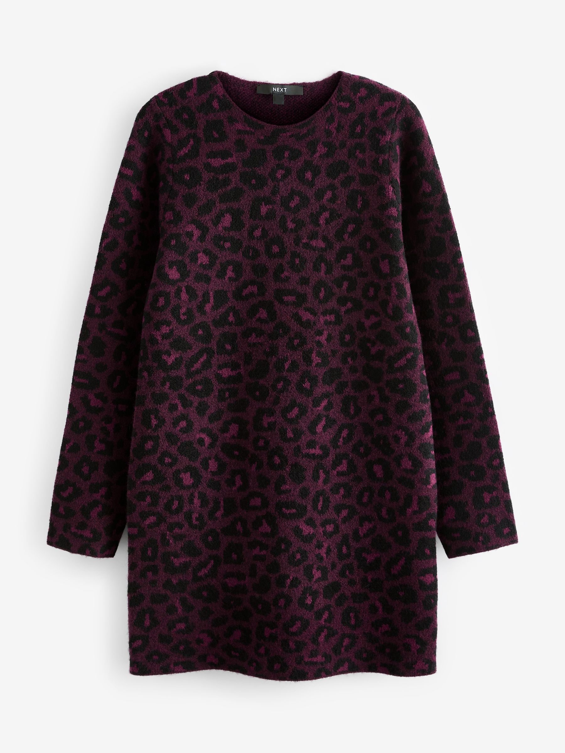 Next Red Berry Leopard Animal Print Long Sleeve Short Knitted Shift Jumper Dress