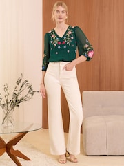 V&A | Love & Roses Dark Green Petite Embroidered V Neck 3/4 Sleeve Dobby Top - Image 3 of 4