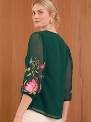 V&A | Love & Roses Dark Green Petite Embroidered V Neck 3/4 Sleeve Dobby Top - Image 4 of 4