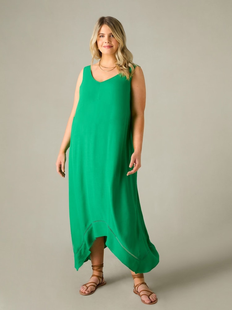 Live Unlimited Green Curve Ladder Trim Hanky Hem Midi Dress - Image 1 of 5